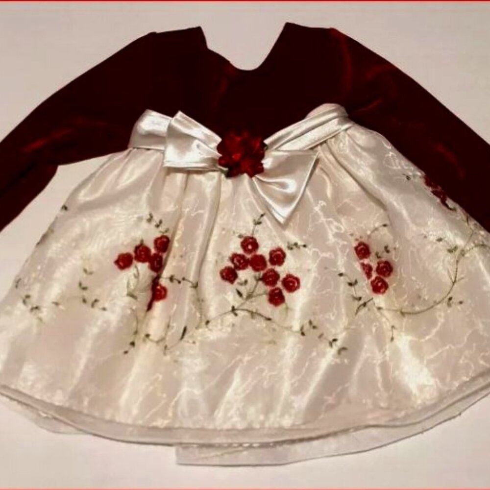 Vtg Red Embroidered Christmas Dress Sz 12 Months by Youngland Rose Bow Lined
